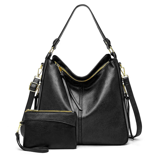 Tote Bag and Purse Sets for Women, Trendy Hobo Bags W/ Large Capacity, PU Leather Handbag with Zip Wallet, Shoulder Crossbody Bag with Detachable & Adjustable Shoulder Strap, Bucket,Black