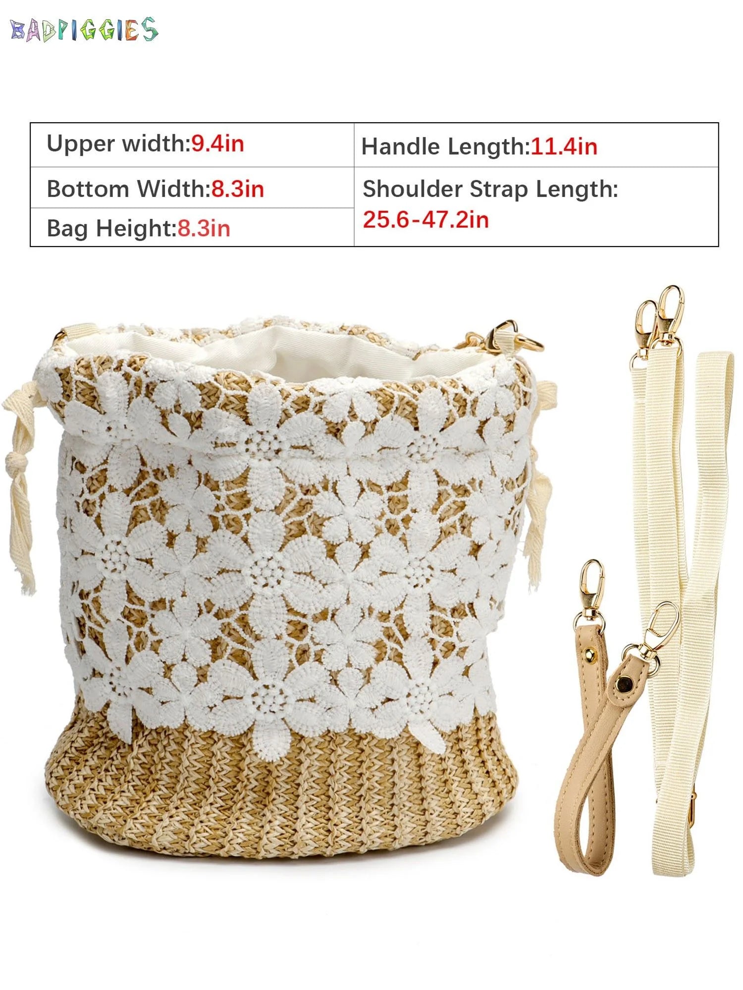 Women Straw Bucket Handbag, Summer Bohemia Beach Tote Bag Top Handle Travel Woven Purse Handmade Hobo Shoulder Bag (Flower)
