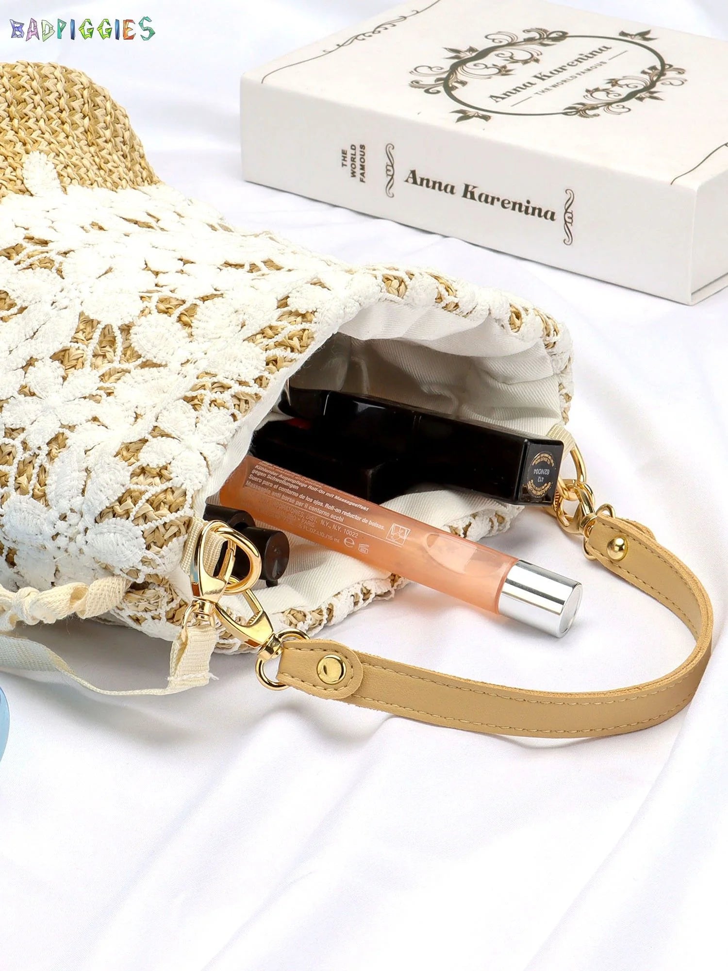 Women Straw Bucket Handbag, Summer Bohemia Beach Tote Bag Top Handle Travel Woven Purse Handmade Hobo Shoulder Bag (Flower)
