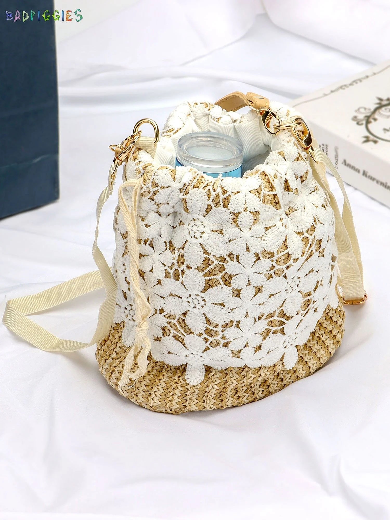 Women Straw Bucket Handbag, Summer Bohemia Beach Tote Bag Top Handle Travel Woven Purse Handmade Hobo Shoulder Bag (Flower)
