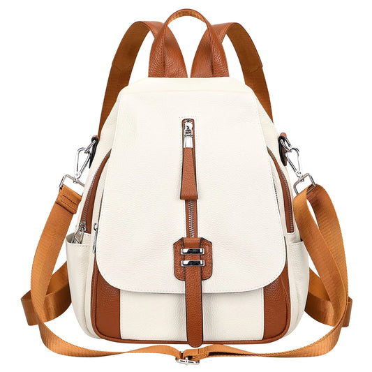Fashion Leather Backpack Purse for Women Shoulder Bag with Flap S85 Beige/Brown