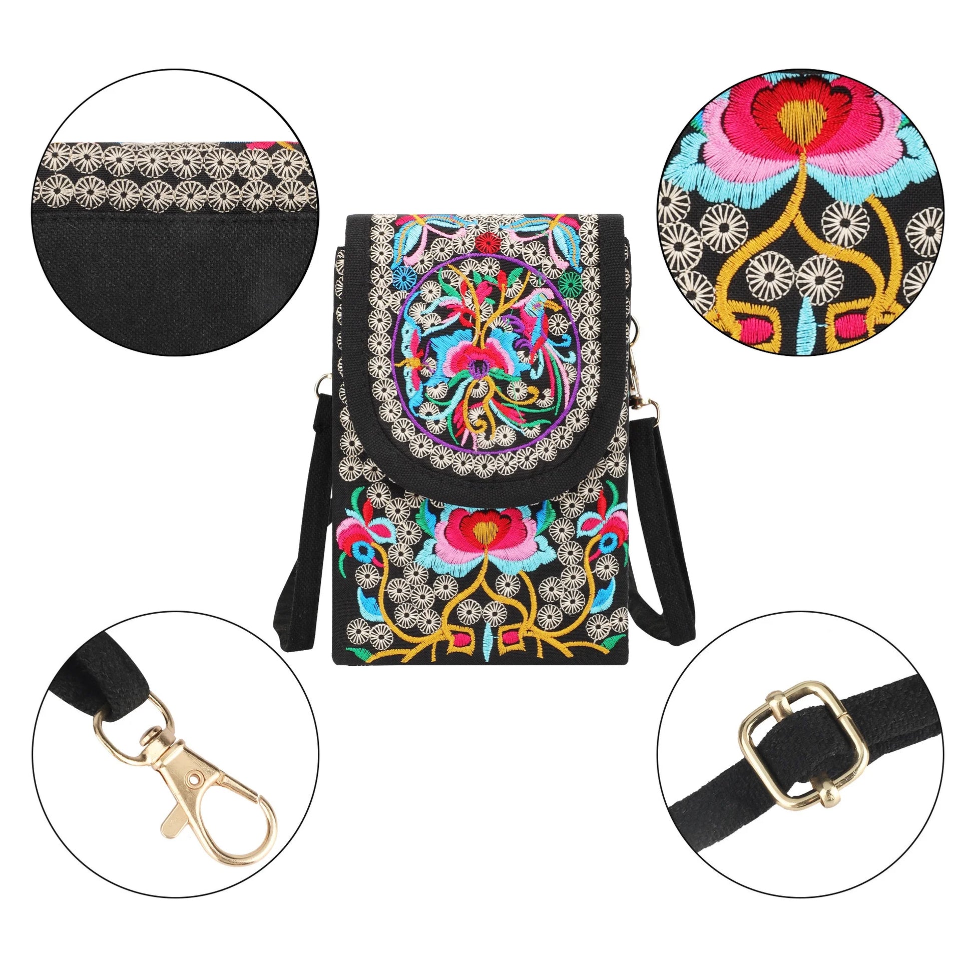 Women'S Crossbody Cell Phone Bag,  Handmade Embroidered Vintage Small Purse, Coin Pouch Wallet with Adjustable Strap