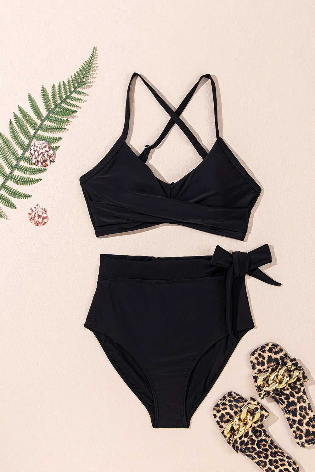 Black Crossed Straps Twisted Tropical Print Knot Side High Waist Bottom 2pcs Swimsuit