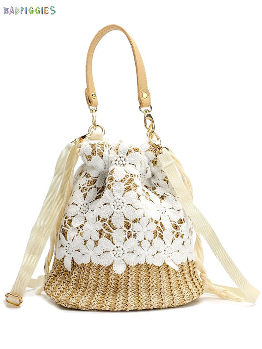 Women Straw Bucket Handbag, Summer Bohemia Beach Tote Bag Top Handle Travel Woven Purse Handmade Hobo Shoulder Bag (Flower)