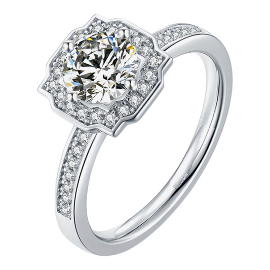 1 Carat Moissanite Platinum-Plated Halo Ring